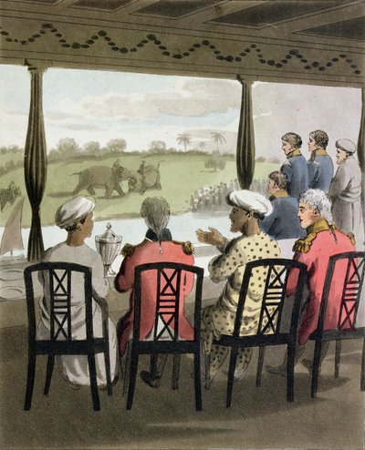 Wellesley márki és lakosztálya a Nabob of Oude reggelizőasztalánál, elefántviadalt néz, 20-as tányér az 1813-ban megjelent „Az európai Indiában” című filmből (kézzel színezett akvatinta) alkotó: Charles d Oyly